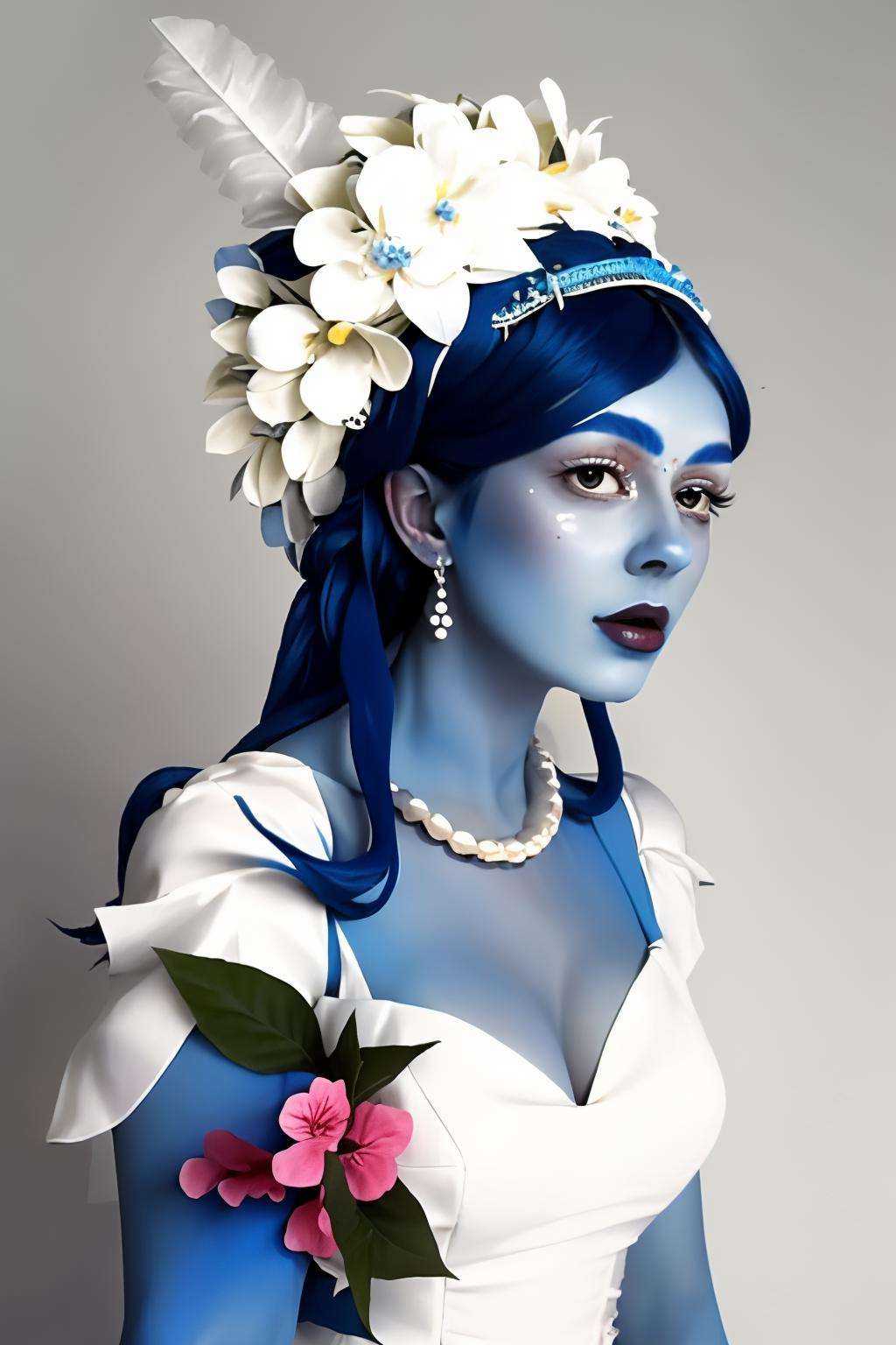 a woman in a white dress and a blue headpiece on Tensor.Art