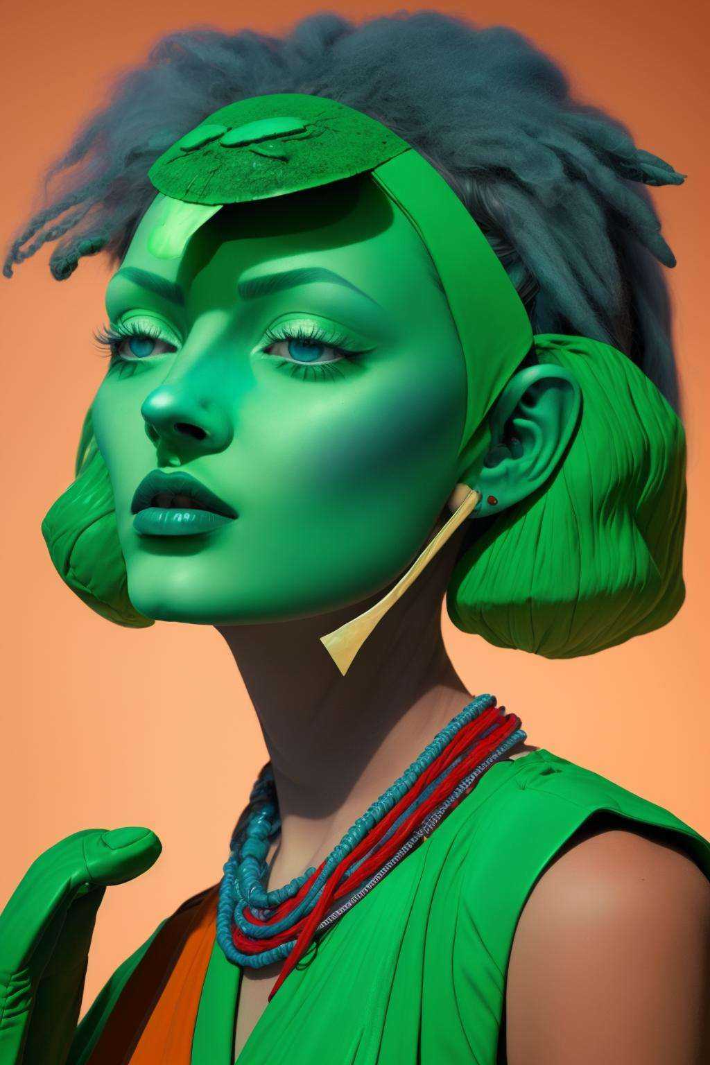 a woman with a viridian head ,  Enki Bilal,  fashion photography on Tensor.Art