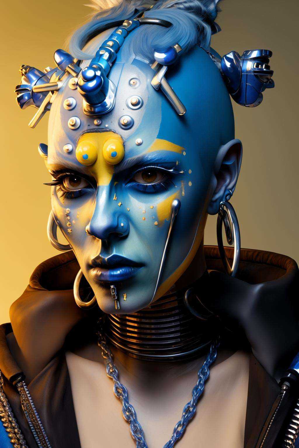 a woman with a blue face and yellow face paint and a blue head with silver spikes on his head,  Enki Bilal,  cyberpunk sty...