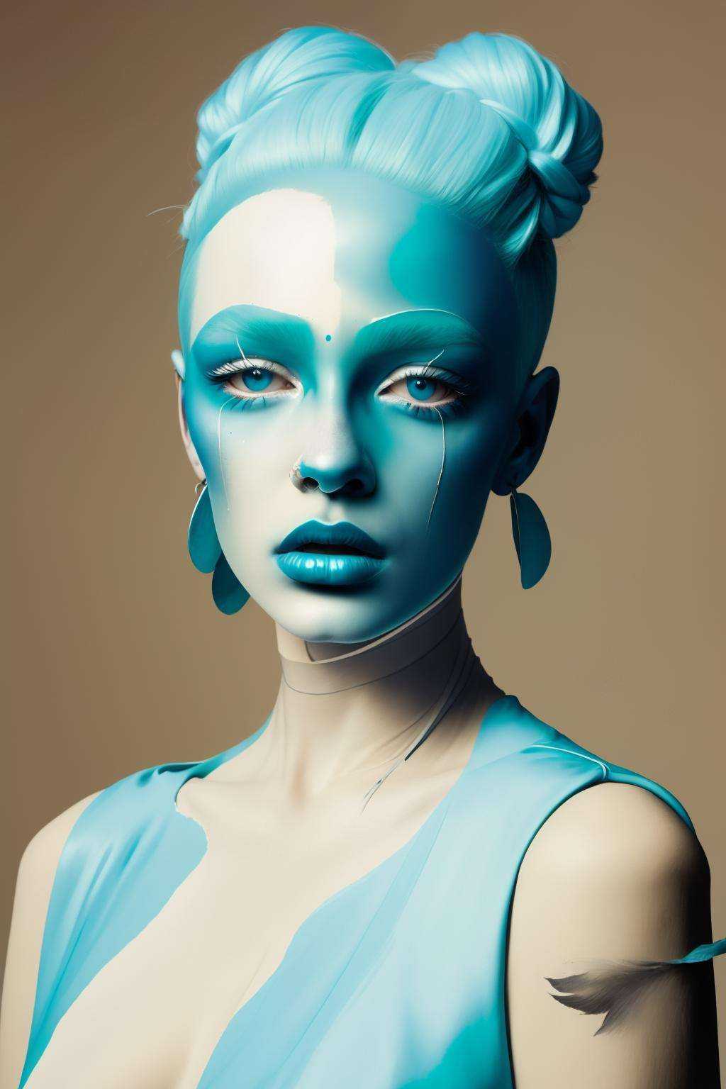a woman with a powder-blue head ,  Enki Bilal,  fashion photography on Tensor.Art