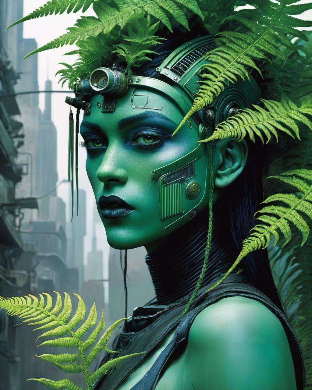 a woman with a fern-green skin,  Enki Bilal,  cyberpunk art on Tensor.Art