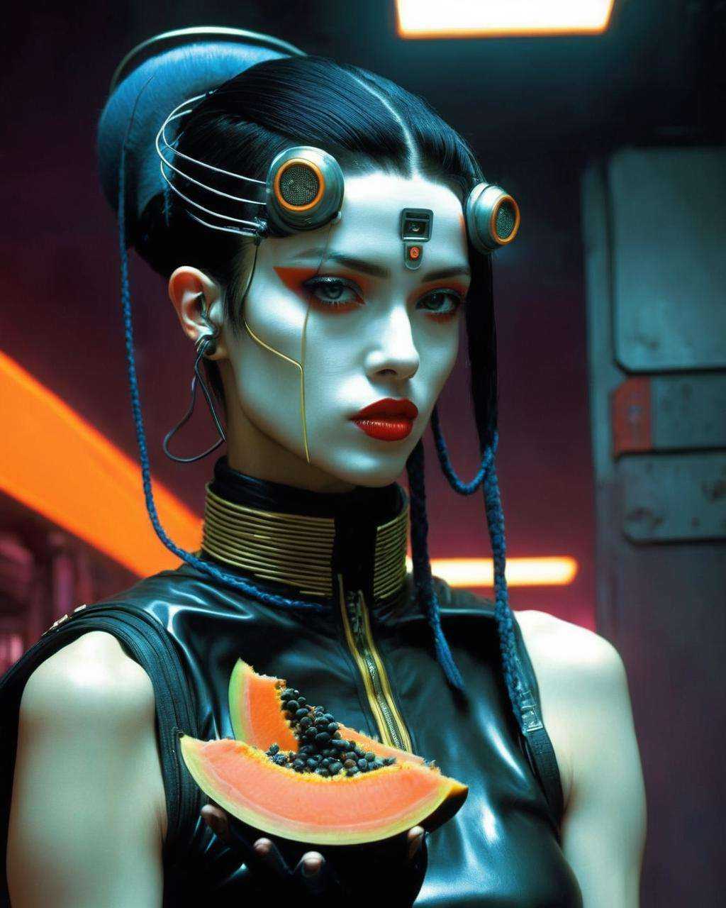 a woman with a papaya-whip skin,  Enki Bilal,  cyberpunk art on Tensor.Art