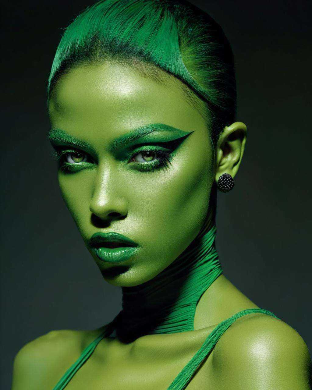 a woman with a green skin,  Enki Bilal,  fashion photography on Tensor.Art