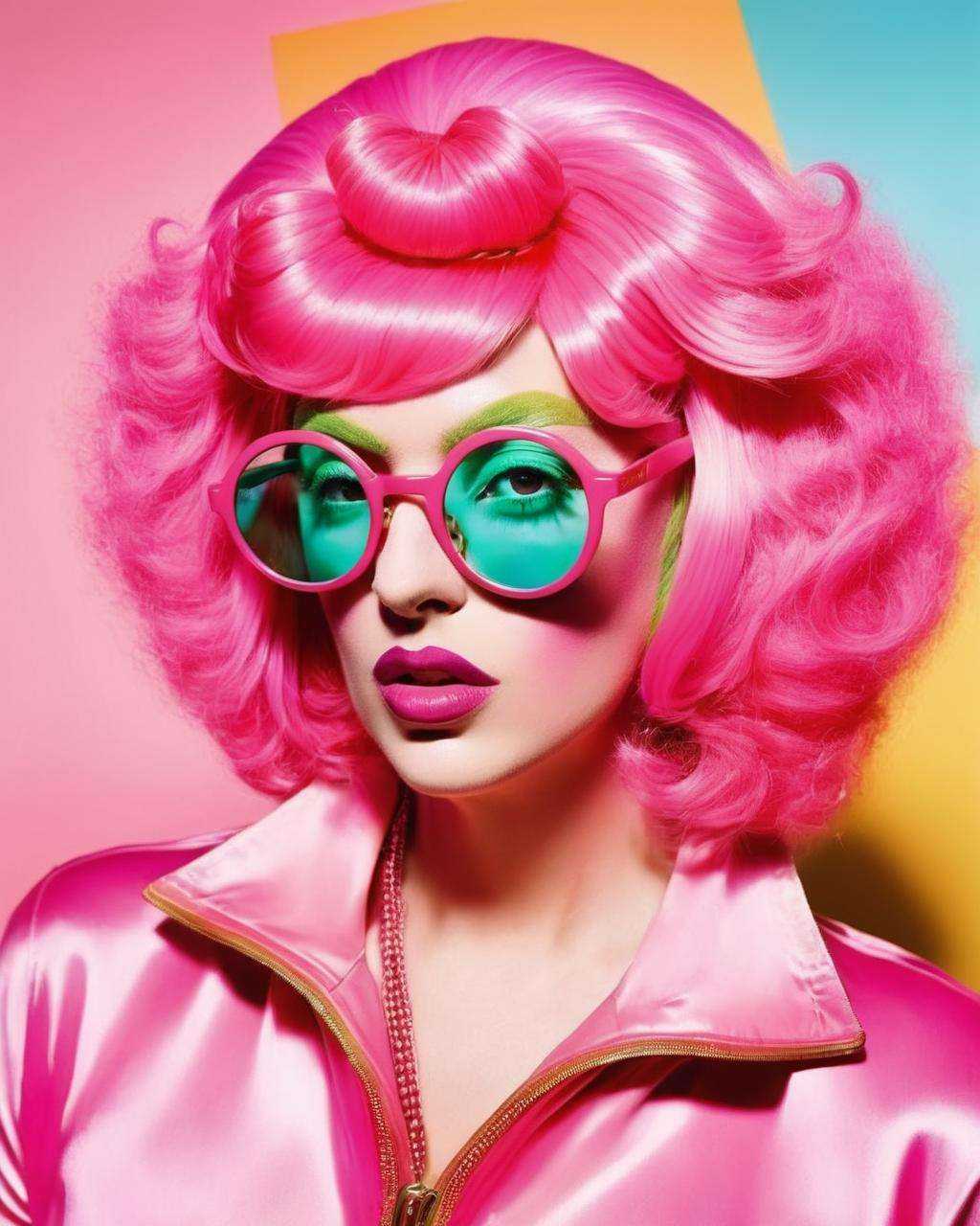 a woman with pink hair and glasses and wearing a pink wig and glasses,  David LaChapelle,  hypermaximalist on Tensor.Art