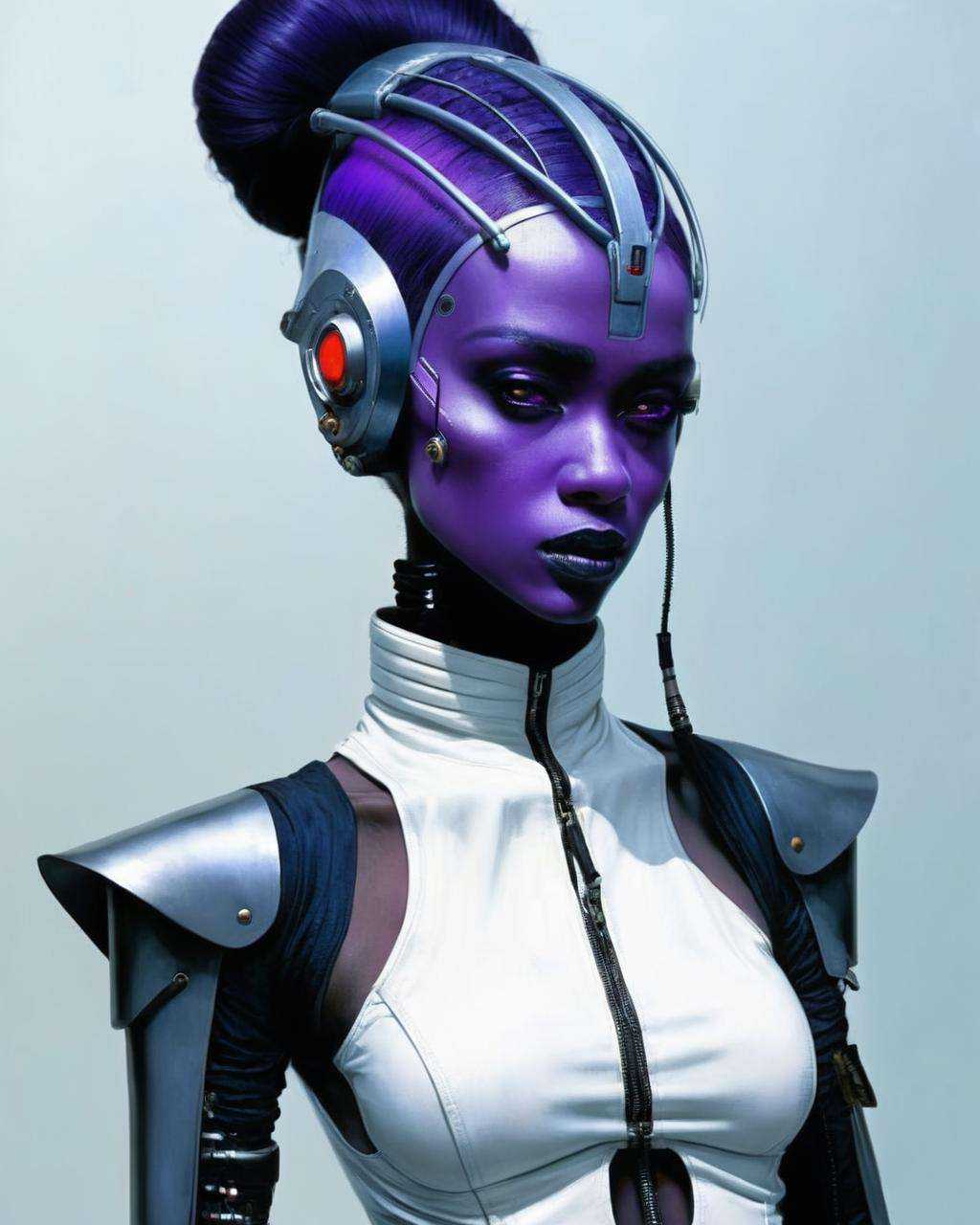 a woman with a han-purple skin,  Enki Bilal,  cyberpunk art on Tensor.Art