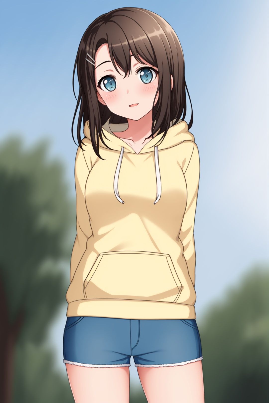 masterpiece, best quality, hoodie，arms behind back