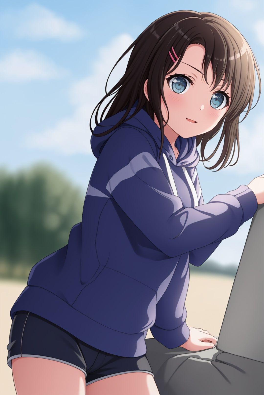 masterpiece, best quality, hoodie，arms up