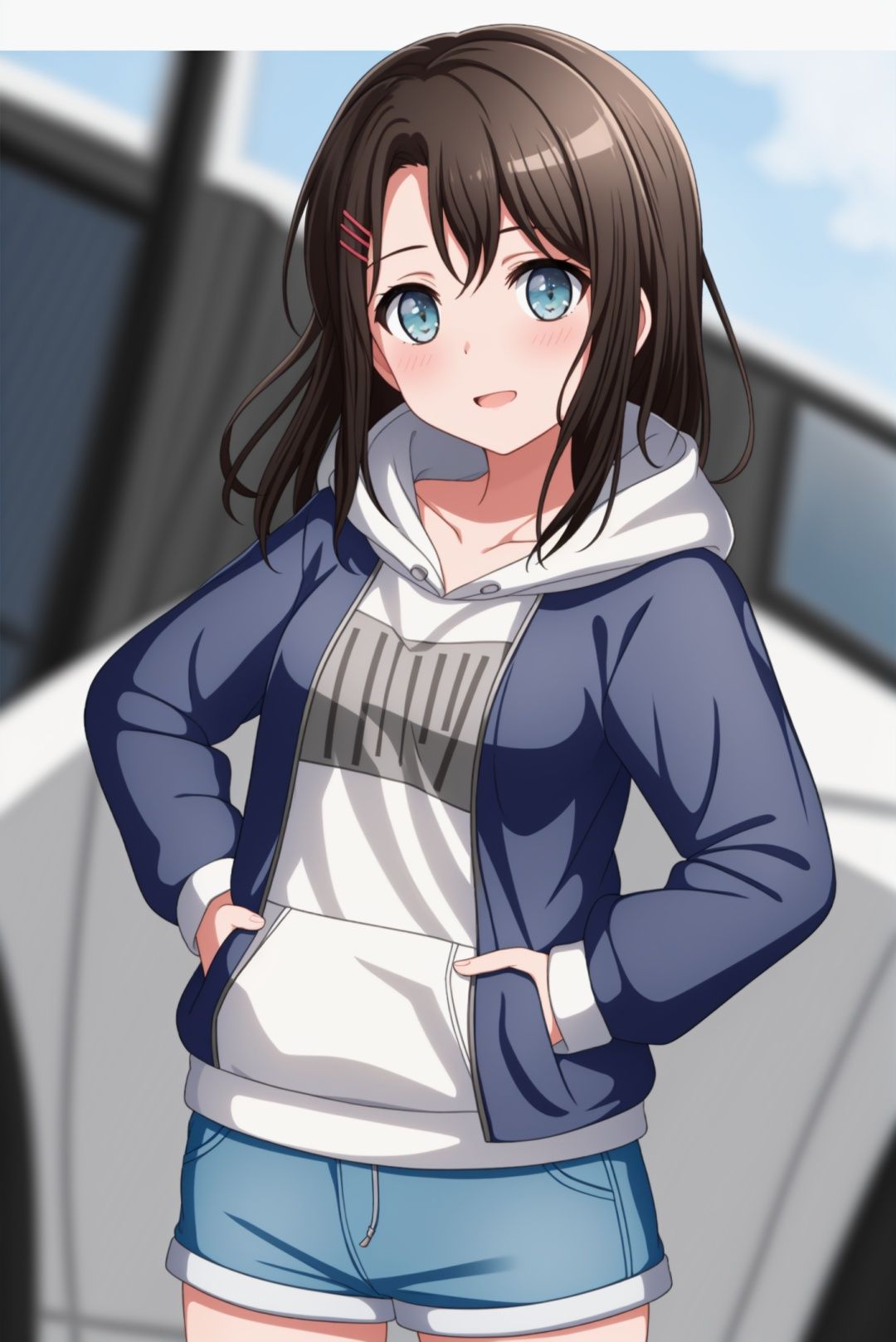 masterpiece, best quality, hoodie，hand on hip