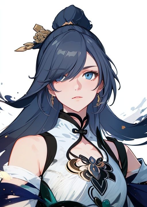 (masterpiece:1.3),(the best quality:1.2),(super fine illustrations:1.2),(Masterpiece),high quality,high detail,(white background:1.2),looking at viewer,(SOLO:1.4),outline,simple background, <lora:yunmo:0.8> fu_hua, hair_over_one_eye, chinese_clothes, blue_eyes, solo
