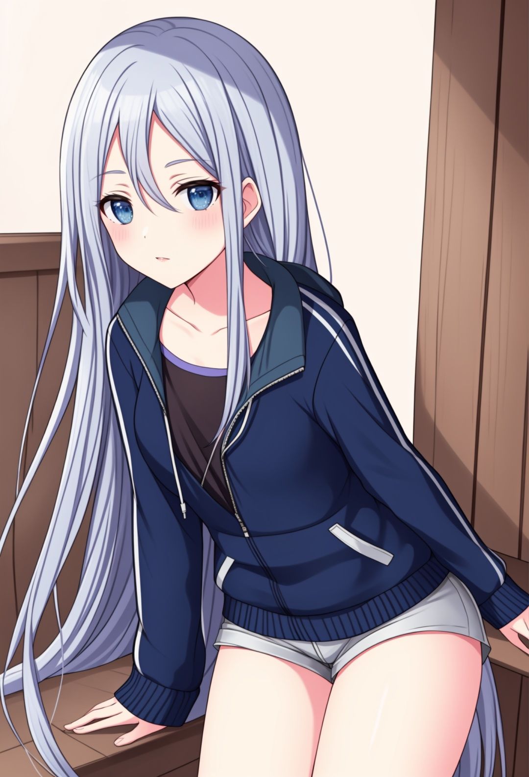 masterpiece, best quality, hoodie，shorts，hand on hip