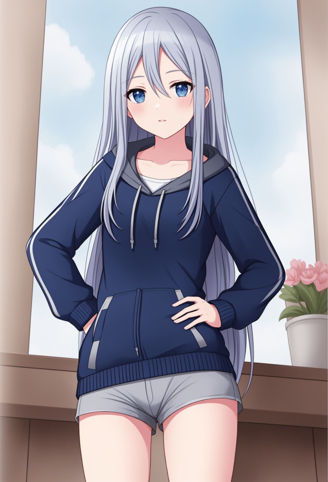 masterpiece, best quality, hoodie，shorts，hand on hip