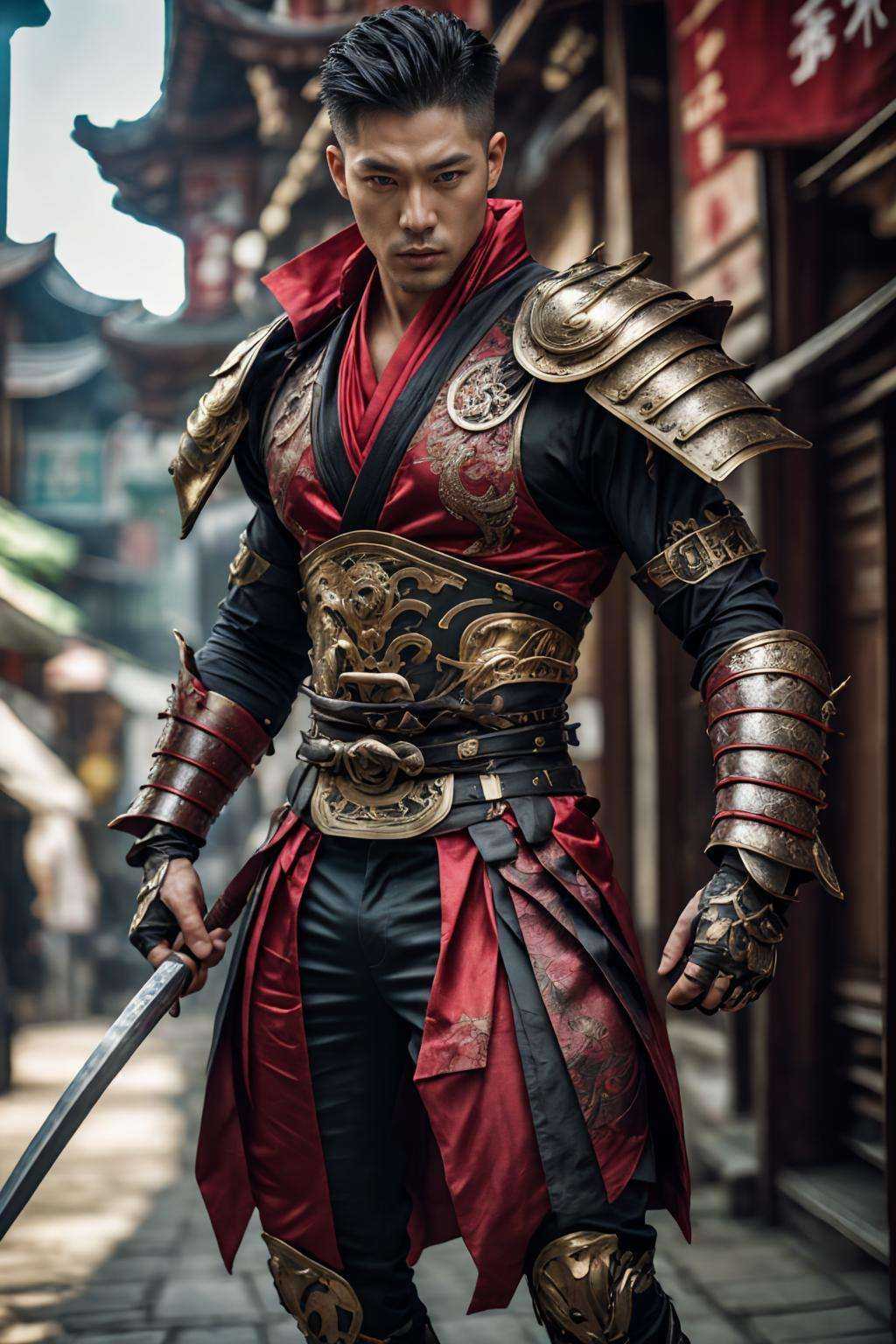 (realistic), (photorealistic), ((masterpiece)), ((best quality)), (detailed), cinematic, dynamic lighting, soft shadow, detailed background, photography, depth of field, intricate, detailed face, subsurface scattering, realistic eyes, muscular, manly, photo of a handsome man, silk4rmor, wearing silkpunk warrior armor, science fiction, silkpunk fantasy background, east asian theme, wielding katana, 