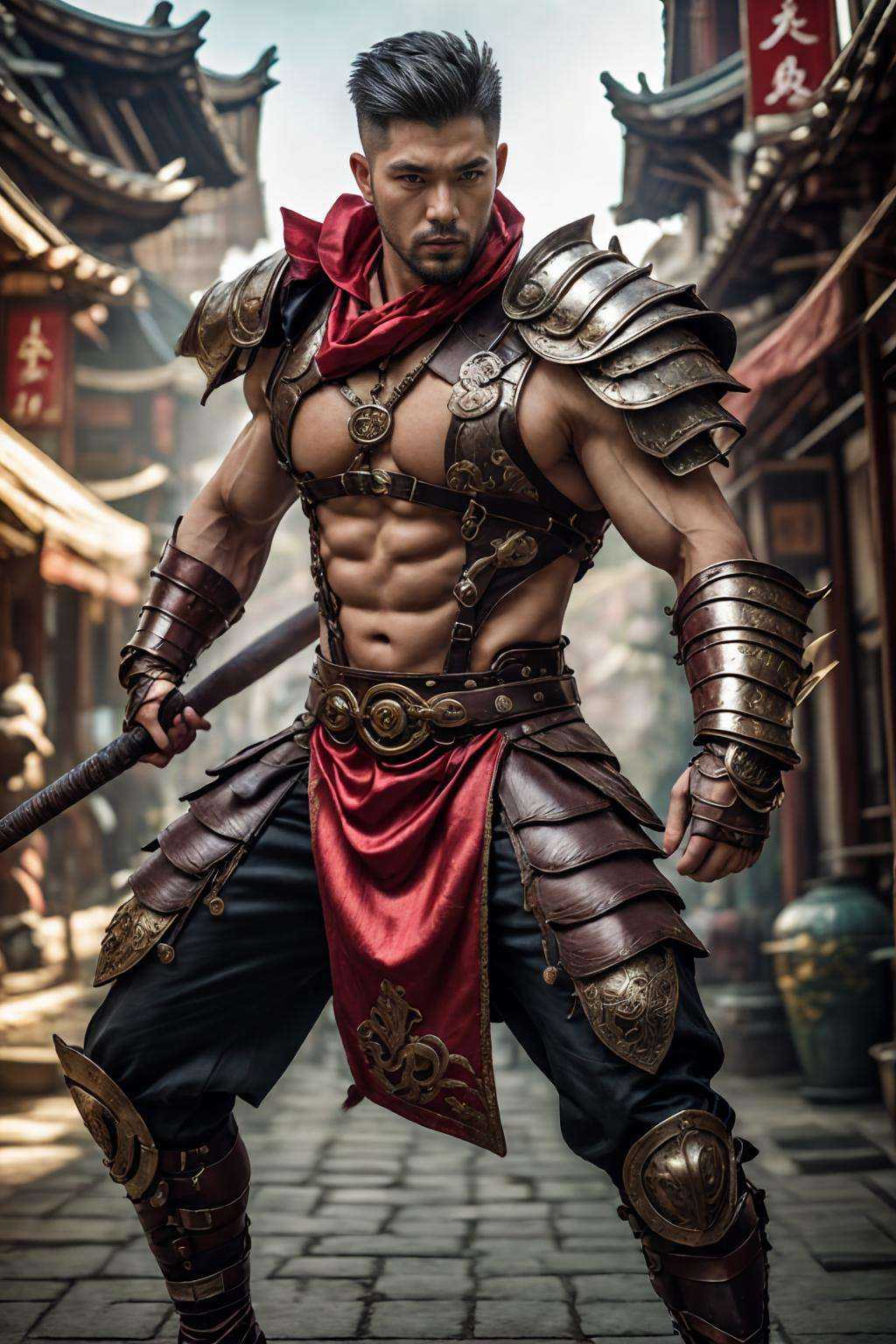 (realistic), (photorealistic), ((masterpiece)), ((best quality)), (detailed), cinematic, dynamic lighting, soft shadow, detailed background, photography, depth of field, intricate, detailed face, subsurface scattering, realistic eyes, muscular, manly, photo of a handsome man, silk4rmor, wearing silkpunk barbarian armor, science fiction, silkpunk fantasy background, ancient east asian theme, dynamic pose, fighting stance, holding weapon, beard,