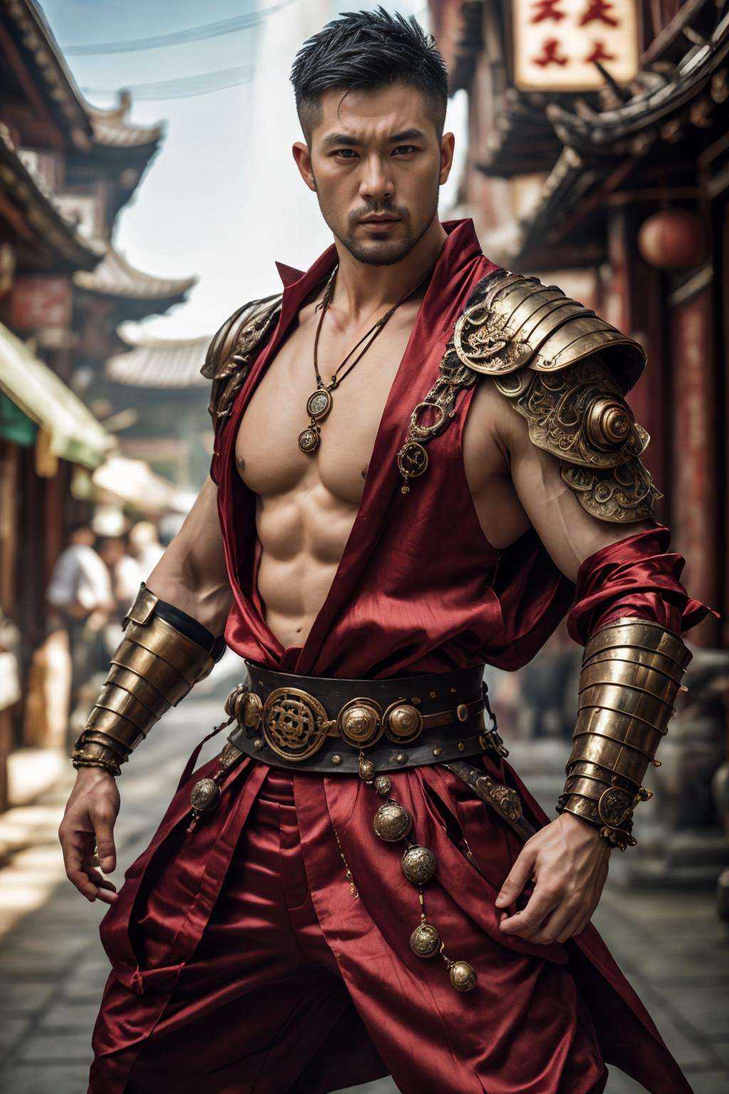 (realistic), (photorealistic), ((masterpiece)), ((best quality)), (detailed), cinematic, dynamic lighting, soft shadow, detailed background, photography, depth of field, intricate, detailed face, subsurface scattering, realistic eyes, muscular, manly, photo of a handsome man, silk4rmor, wearing silkpunk monk armor, science fiction, silkpunk fantasy background, ancient east asian theme, dynamic pose, fighting stance, bead necklace, beard, (40 years old), shirtless,