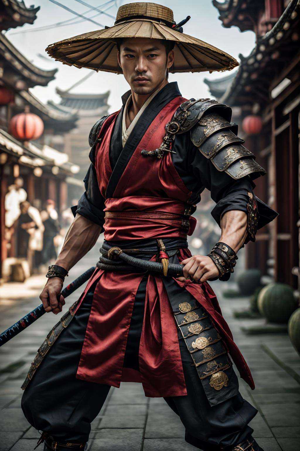 (realistic), (photorealistic), ((masterpiece)), ((best quality)), (detailed), cinematic, dynamic lighting, soft shadow, detailed background, photography, depth of field, intricate, detailed face, subsurface scattering, realistic eyes, muscular, manly, photo of a handsome man, silk4rmor, wearing silkpunk samurai armor, science fiction, silkpunk fantasy background, ancient east asia theme, dynamic pose, fighting stance, wielding katana, kasa straw hat, ponytail,