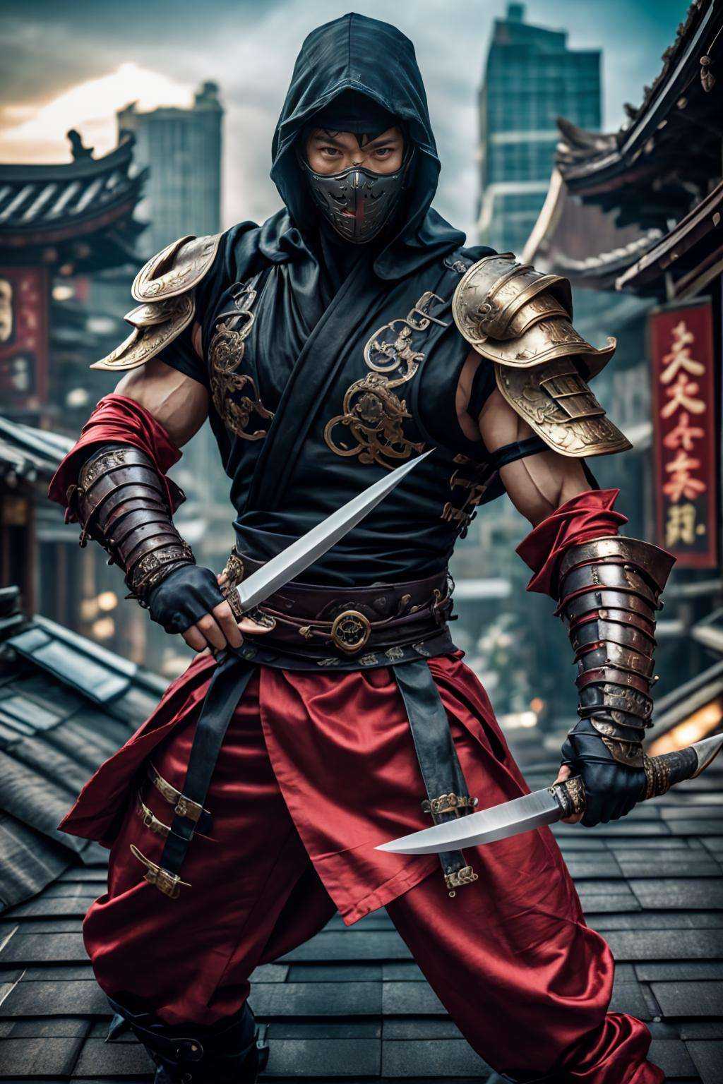 (realistic), (photorealistic), ((masterpiece)), ((best quality)), (detailed), cinematic, dynamic lighting, soft shadow, detailed background, photography, depth of field, intricate, detailed face, subsurface scattering, realistic eyes, muscular, manly, photo of a handsome man, silk4rmor, wearing silkpunk ninja armor, science fiction, silkpunk fantasy background, ancient east asian theme, dynamic pose, fighting stance, holding knife, mask, night sky, (rooftop), hood,