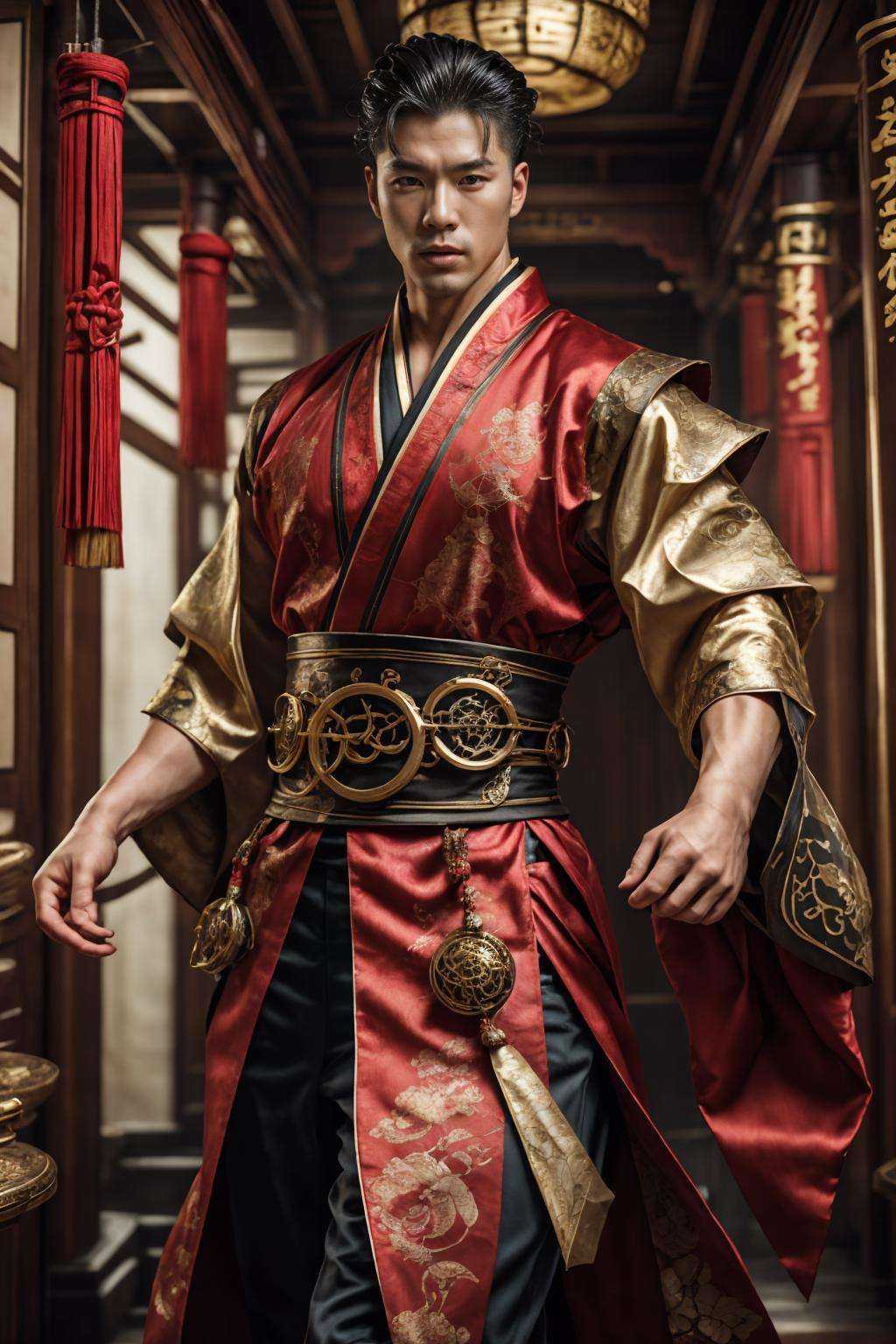(realistic), (photorealistic), ((masterpiece)), ((best quality)), (detailed), cinematic, dynamic lighting, soft shadow, detailed background, photography, depth of field, intricate, detailed face, subsurface scattering, realistic eyes, muscular, manly, photo of a handsome man, silk4rmor, wearing silkpunk hanfu robe, science fiction, silkpunk fantasy background, ancient east asian theme, dynamic pose, indoors,