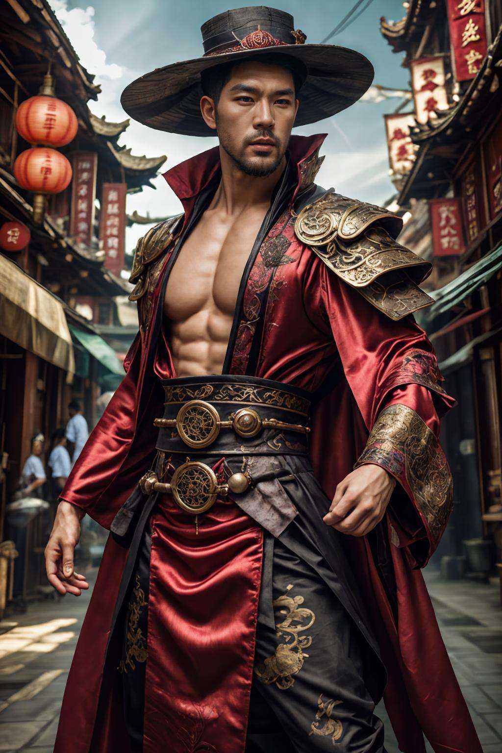 (realistic), (photorealistic), ((masterpiece)), ((best quality)), (detailed), cinematic, dynamic lighting, soft shadow, detailed background, photography, depth of field, intricate, detailed face, subsurface scattering, realistic eyes, muscular, manly, photo of a handsome man, silk4rmor, wearing silkpunk wizard robe, science fiction, silkpunk fantasy background, ancient east asian theme, dynamic pose, fighting stance, (night sky), hat, beard,