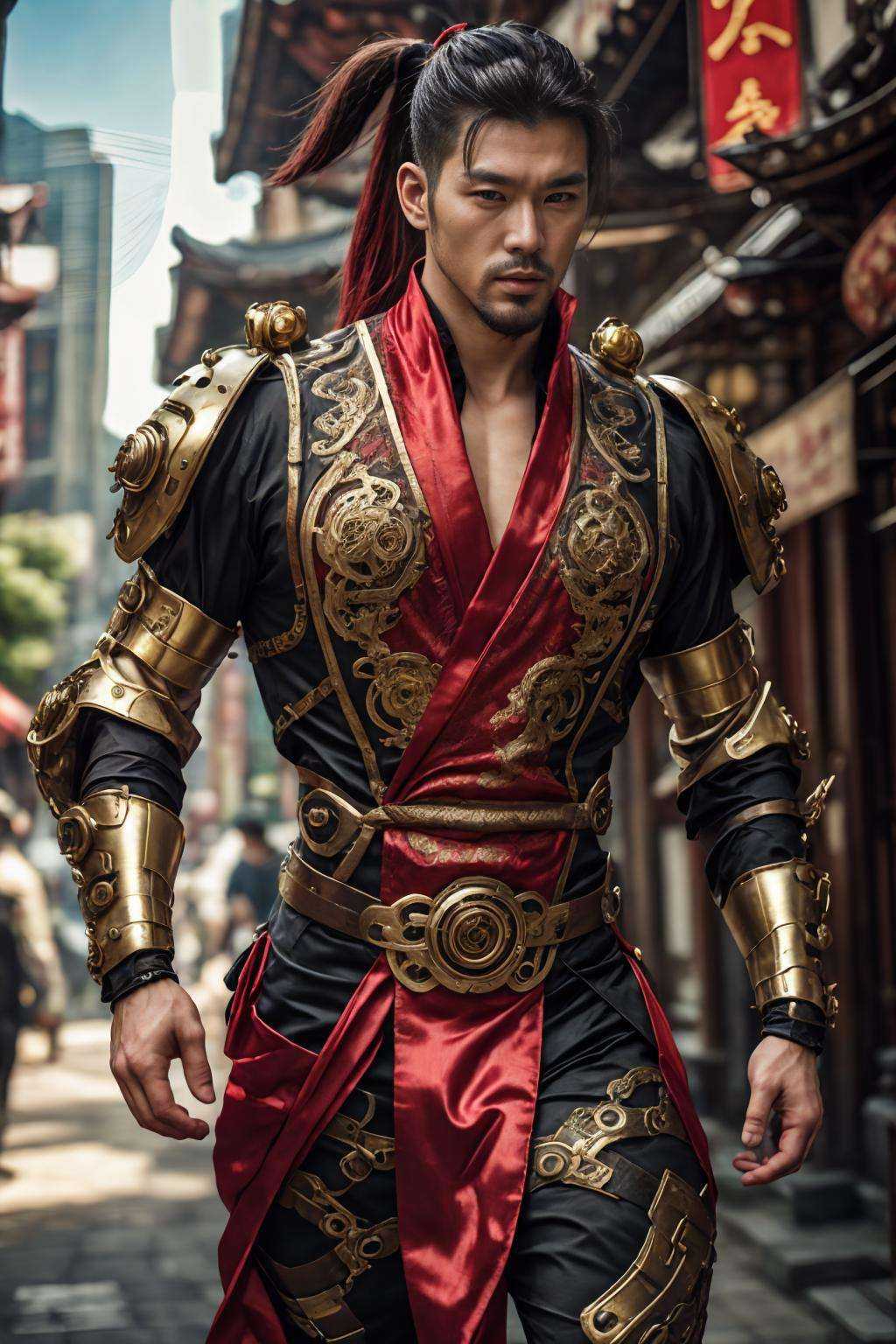 (realistic), (photorealistic), ((masterpiece)), ((best quality)), (detailed), cinematic, dynamic lighting, soft shadow, detailed background, photography, depth of field, intricate, detailed face, subsurface scattering, realistic eyes, muscular, manly, photo of a handsome man, silk4rmor, wearing silkpunk exosuit, science fiction, silkpunk fantasy background, ancient east asian theme, dynamic pose, beard, ponytail,