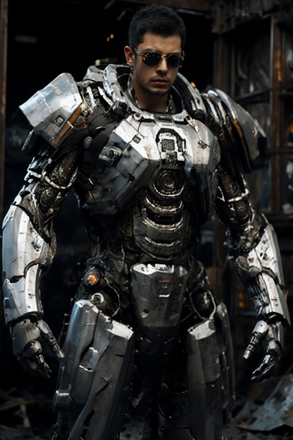 (HDR image), (high-definition image), (complex detail), (cinematic effect), (realistic style), (mecha), (sci-fi elements), (military equipment), (iron armor), (mechanical), (boy), (mecha costume), (weapon), (simple background), (flame effect), (action scene), (combat state), (mechanical arm), (highlight effect), (strong contrast), (sharp focus), (solid color background), (creativity), (accurate detail), (black sunglasses: 1.5), (exquisite craftsmanship)