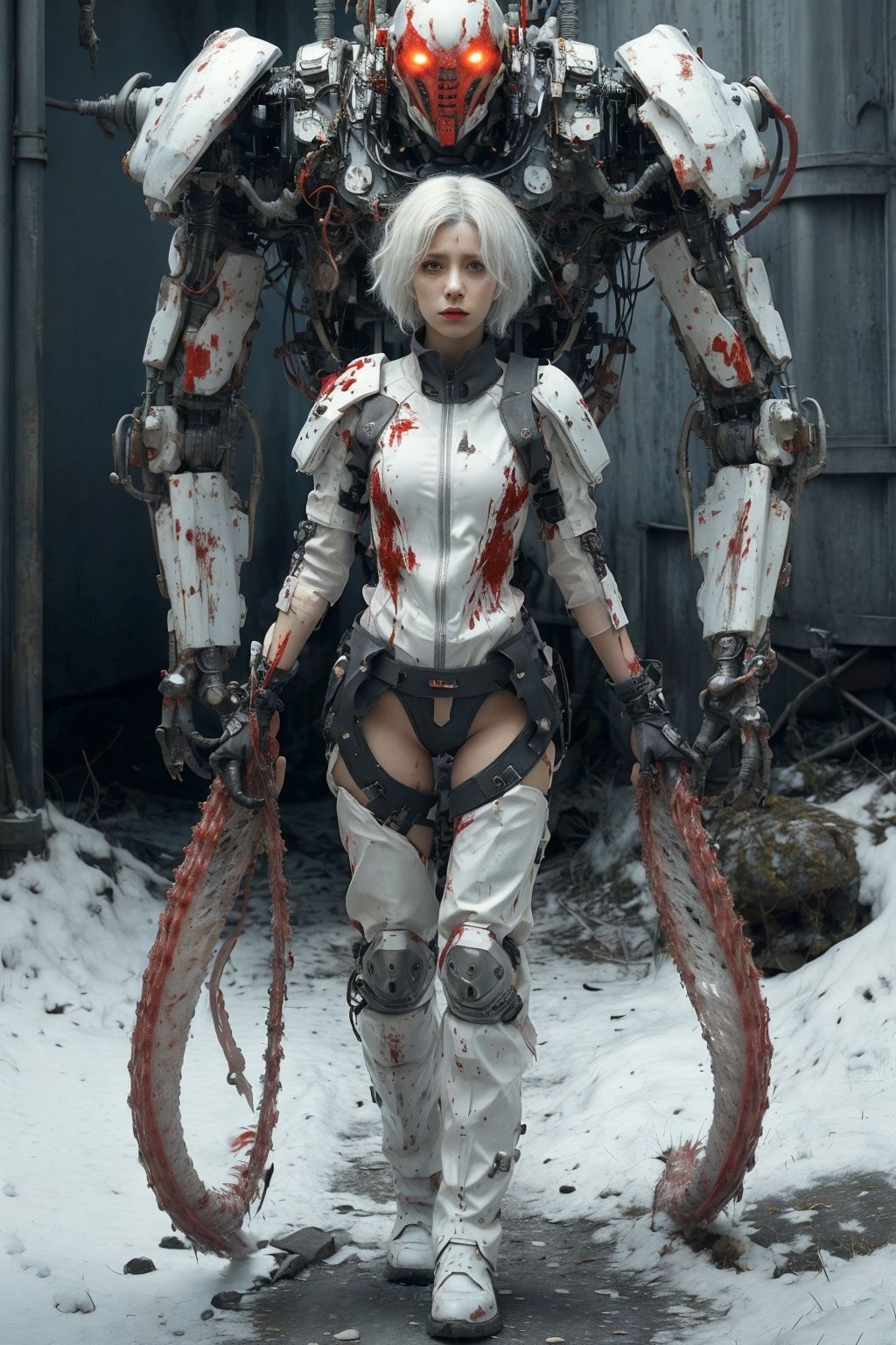 Masterpiece-level best_quality, concept artwork, a lonely solo girl, a necromancer character from the game "League of Legends", with snow-white hair, centipede-like tentacles wrapped around, blood flowing from the body, wearing PVC shell, mechanical exoskeleton device equipment, creating avant-garde and terrifying visual effect.