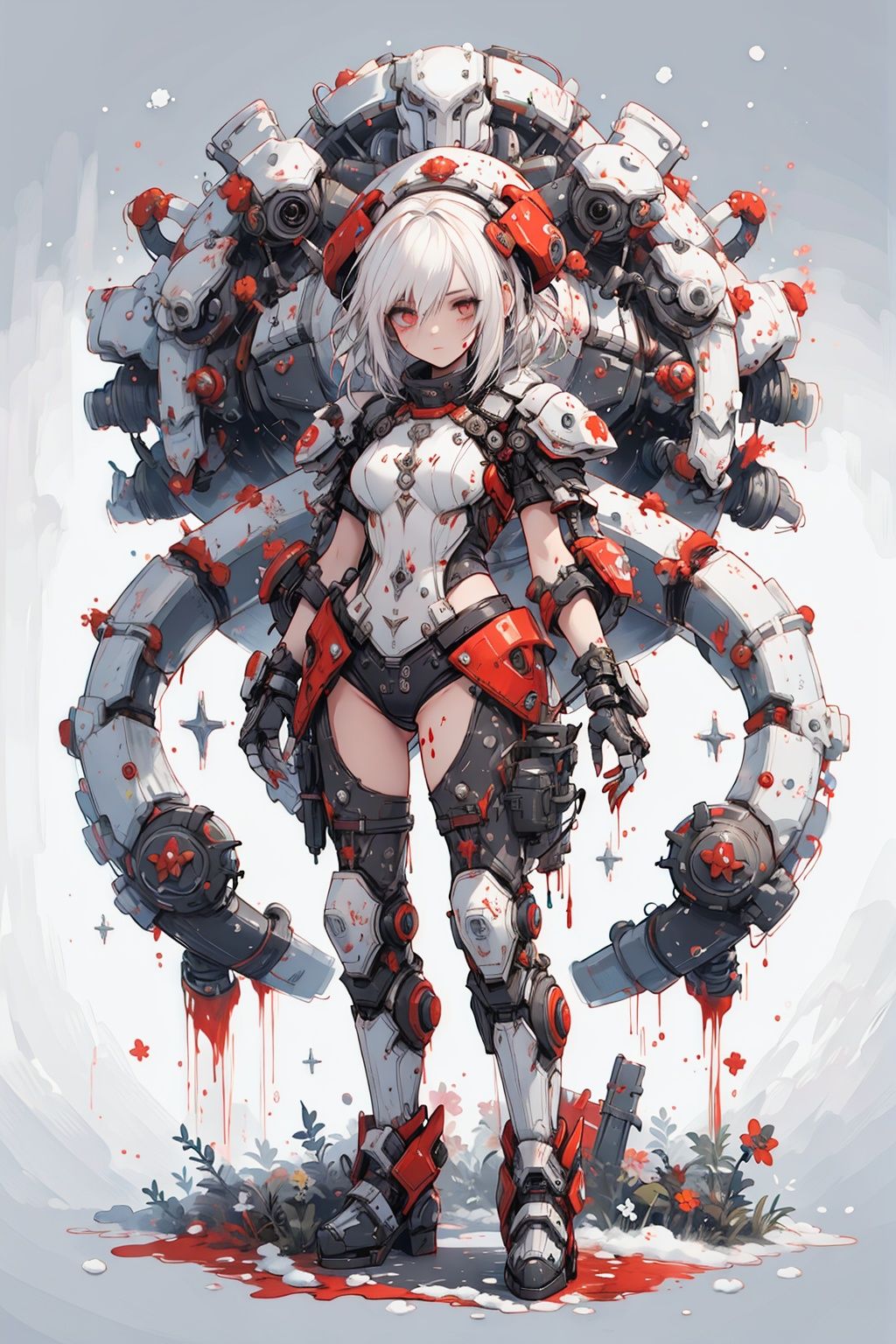 Masterpiece-level best_quality, concept artwork, a lonely solo girl, a necromancer character from the game "League of Legends", with snow-white hair, centipede-like tentacles wrapped around, blood flowing from the body, wearing PVC shell, mechanical exoskeleton device equipment, creating avant-garde and terrifying visual effect.