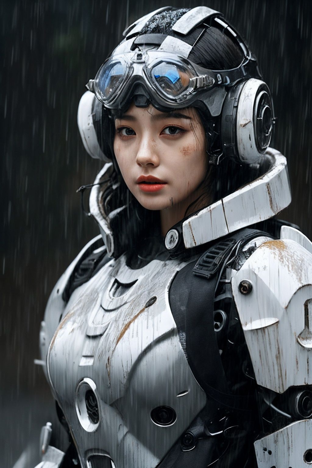 1girl,Mecha,rain,solo,goggles,gun