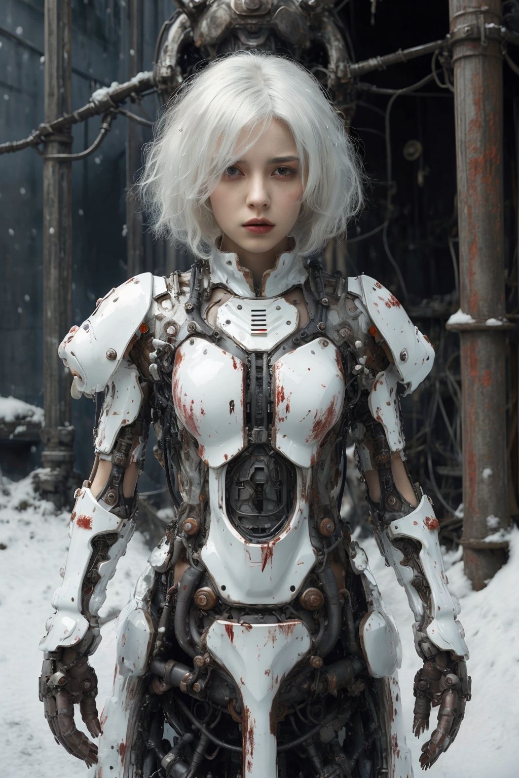 Masterpiece-level best_quality, concept artwork, a lonely solo girl, a necromancer character from the game "League of Legends", with snow-white hair, centipede-like tentacles wrapped around, blood flowing from the body, wearing PVC shell, mechanical exoskeleton device equipment, creating avant-garde and terrifying visual effect.