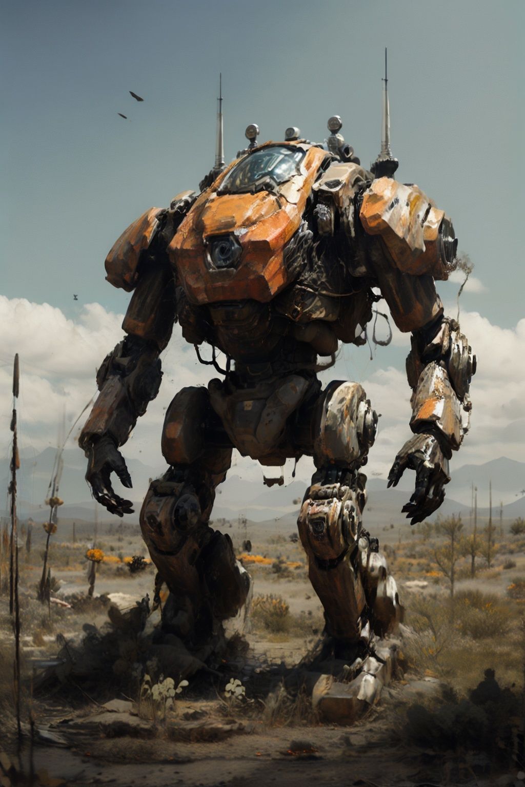 mecha,science_fiction,dirty,realistic,glowing,damaged,desert