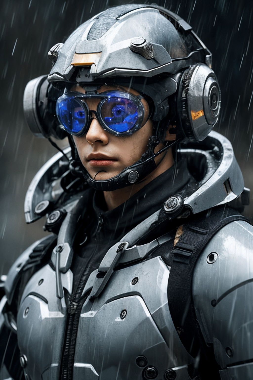 1boy,Mecha,rain,solo,goggles,gun