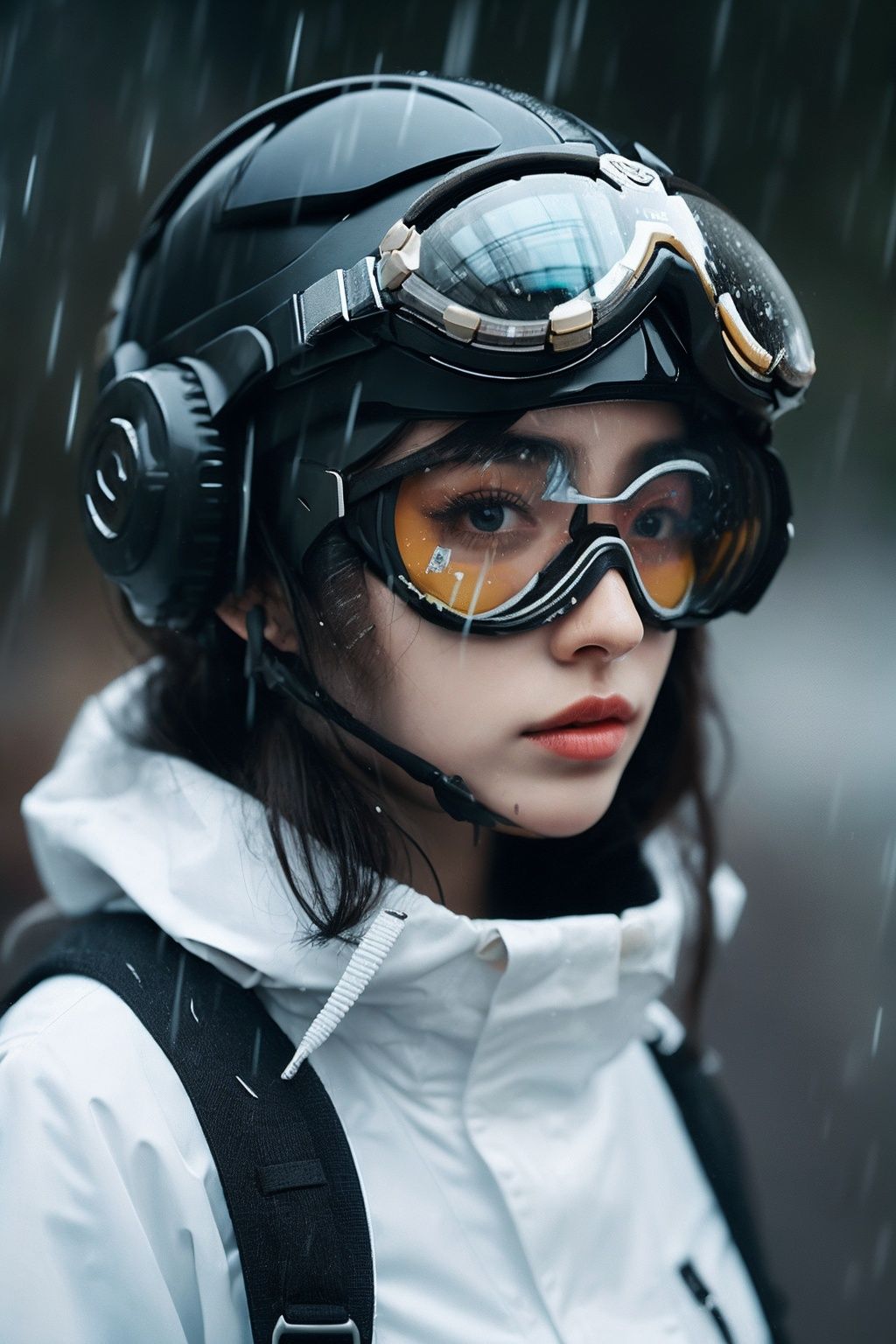1girl,rain,solo,goggles,gun
