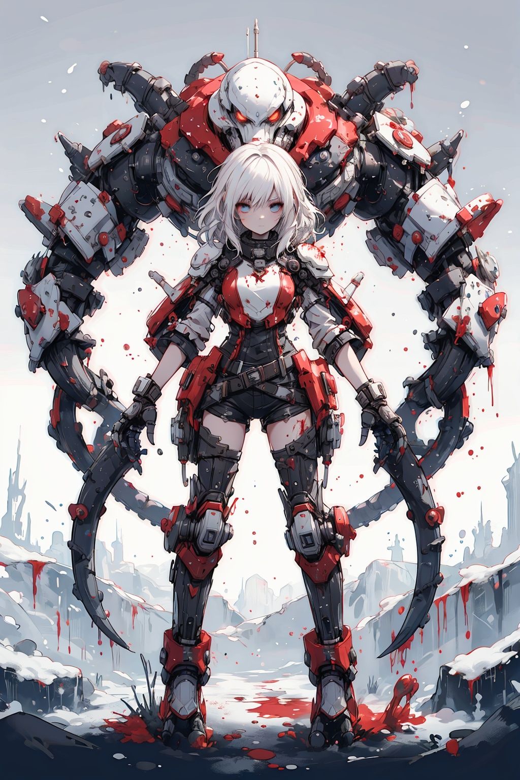 Masterpiece-level best_quality, concept artwork, a lonely solo girl, a necromancer character from the game "League of Legends", with snow-white hair, centipede-like tentacles wrapped around, blood flowing from the body, wearing PVC shell, mechanical exoskeleton device equipment, creating avant-garde and terrifying visual effect.