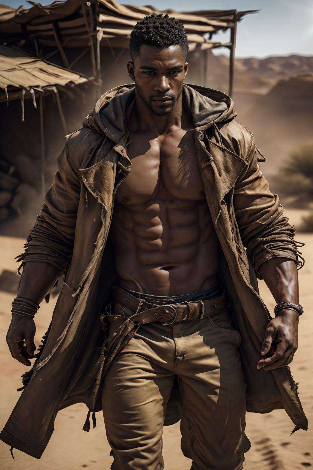 (realistic), (photorealistic), ((masterpiece)), ((best quality)), (detailed), cinematic, natural lighting, soft shadow, detailed background, photography, depth of field, intricate, detailed face, subsurface scattering, realistic eyes, muscular, manly, photo of a handsome (african man), des3rt4rmor, wearing desertpunk coat, dynamic pose,