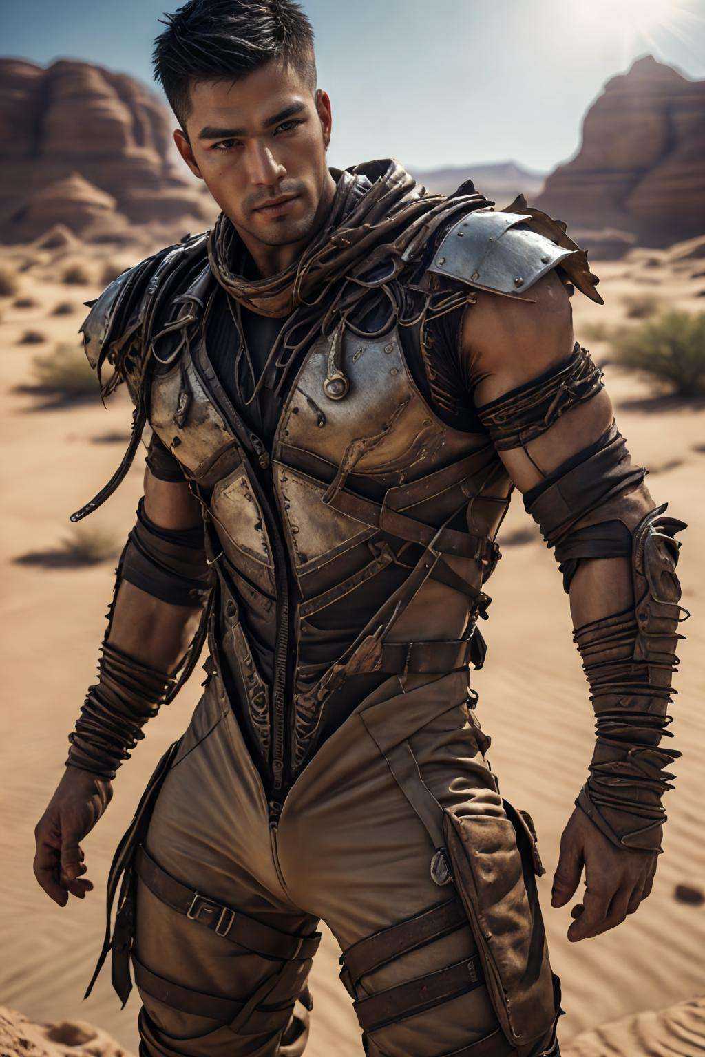(realistic), (photorealistic), ((masterpiece)), ((best quality)), (detailed), cinematic, natural lighting, soft shadow, detailed background, photography, depth of field, intricate, detailed face, subsurface scattering, realistic eyes, muscular, manly, photo of a handsome (asian man), des3rt4rmor, wearing desertpunk bodysuit,
