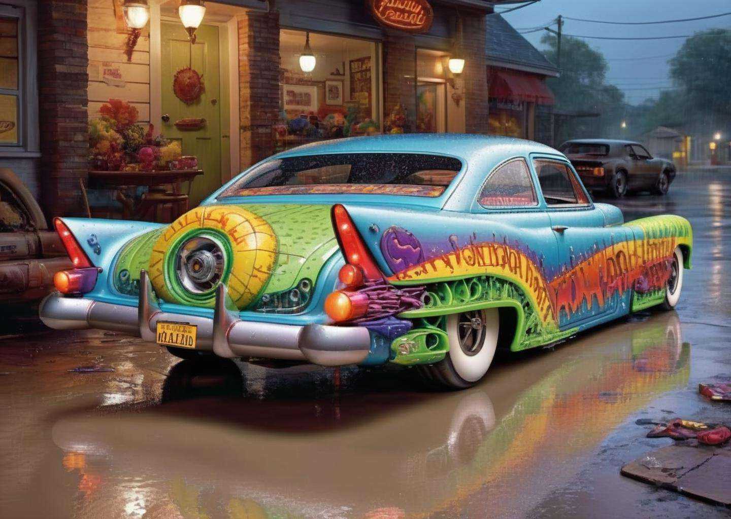 a car parked on a wet surface with its lights on and the rear end of the car showing the rear end, Ed Roth, matte finish, a jigsaw puzzle, fantastic realism<lora:concept_car:1.0>