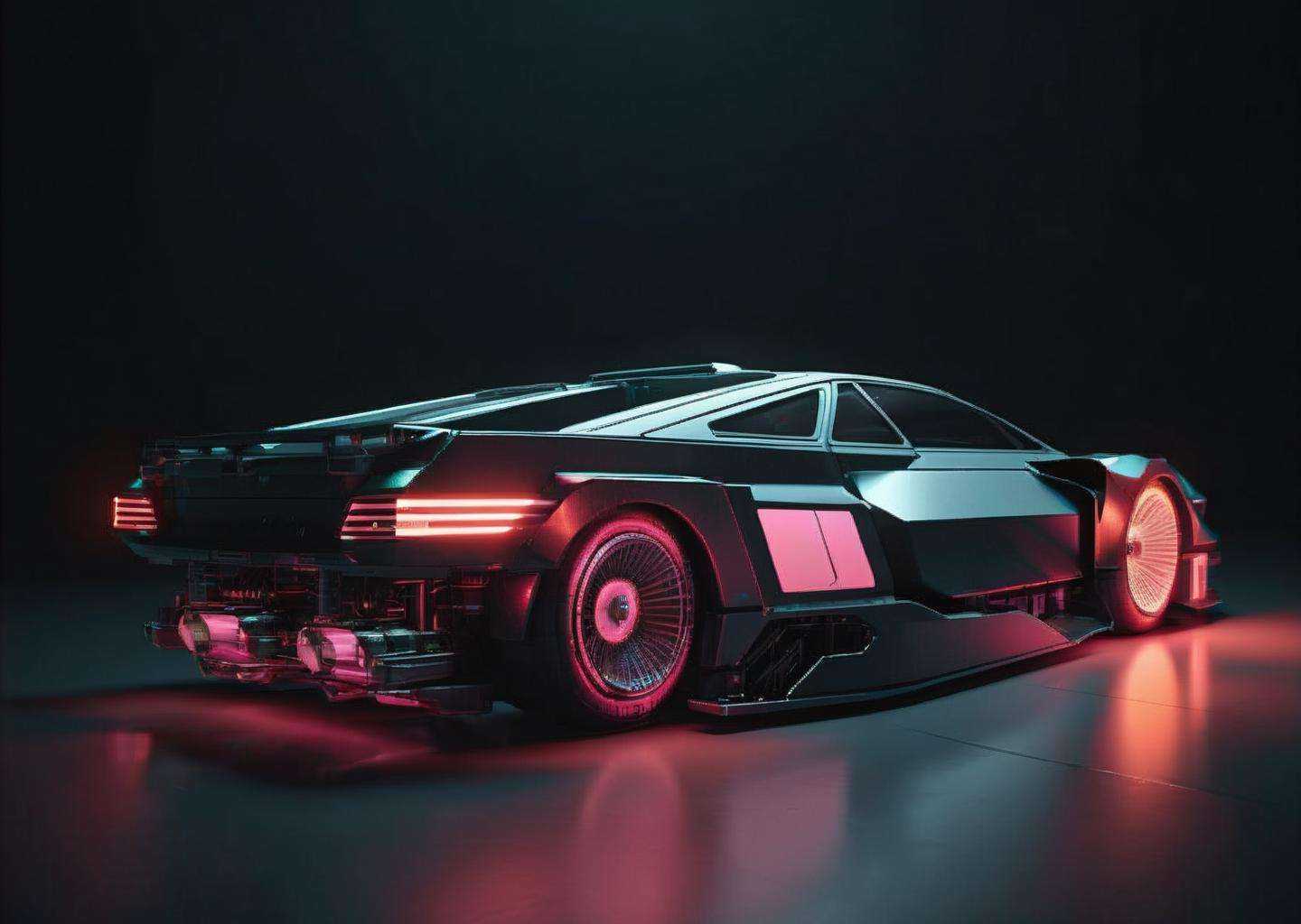 a car is shown in a dark room with a light on it's side and a black background, Beeple, 3 d render, a 3D render, cubo-futurism, SCI-FI , CYBERPUNK<lora:concept_car:1.0>