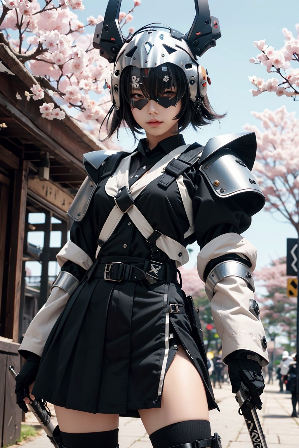 Masked knight build, mecha, samurai, samurai helmet, katana, slashing, power armor, exoskeleton, punk style, poster. Aspect ratio, battle flag, young girl, pink, JK-style skirt, black knee-high socks, cherry blossoms. The design has a modern punk vibe, featuring an exoskeleton, a headband, gloves, and a school uniform.,miji