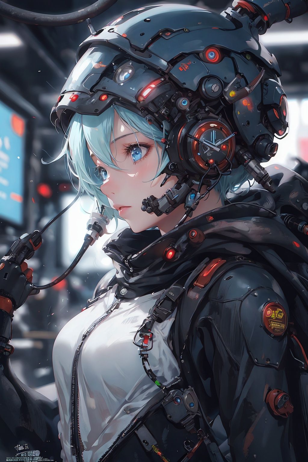 1girl,solo,science_fiction,machinery,clock,cable,cyberpunk,blue_eyes