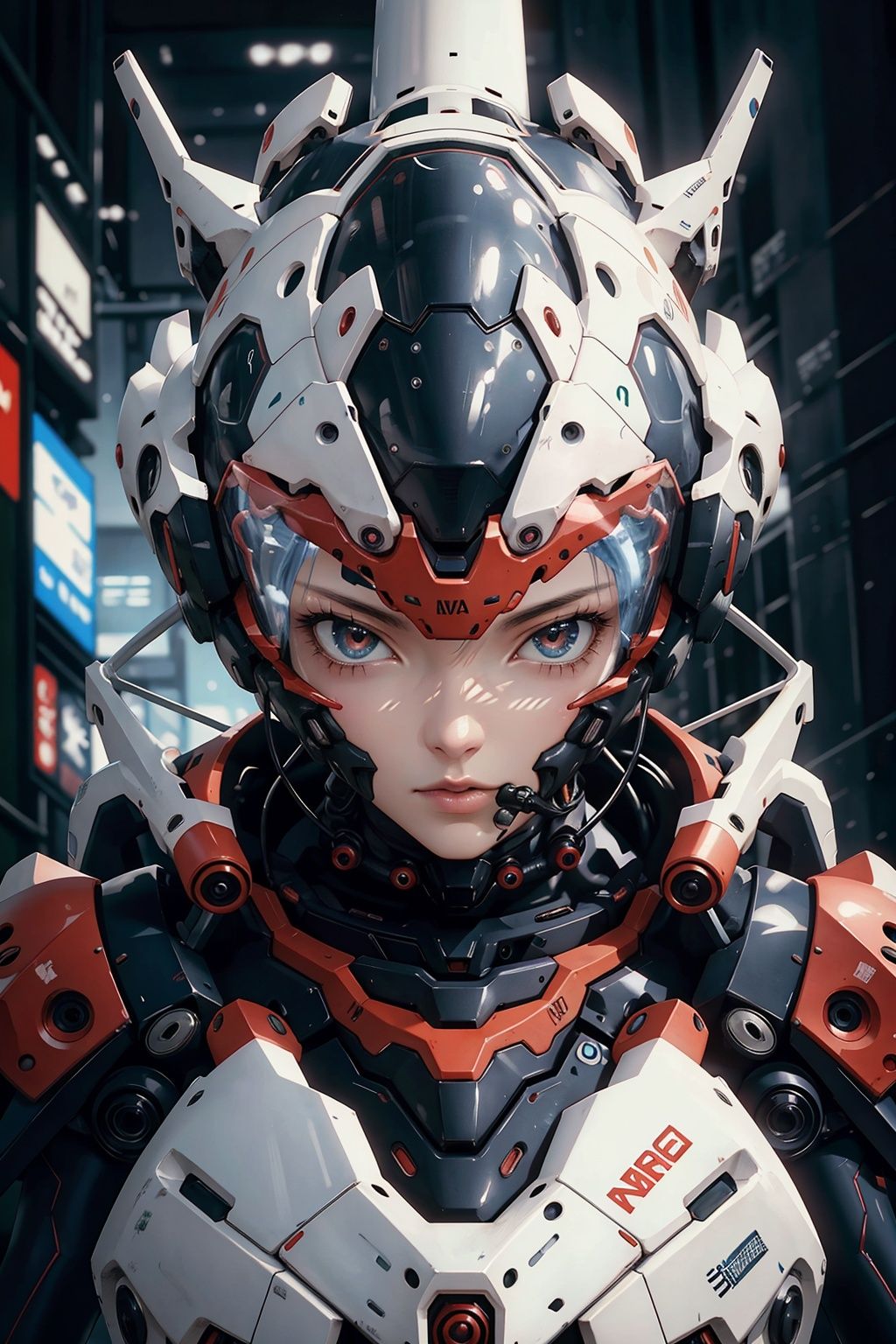 eva 02, evagod, evangelion mecha, science fiction, looking at viewer, (official art, Best quality, masterpiece:1.2), illustration, high res, beautiful abstract background, Futurism, cyberpunk, intense angle, close-up, ,blue_jijiaS,CyberpunkAI
