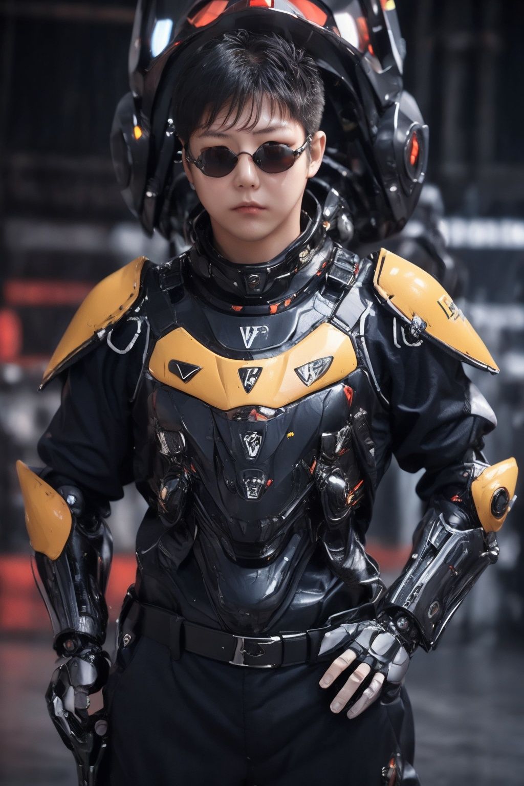 (HDR image), yellow iron armor, (hd images), complex (details), (film), (realism), (walker), (science fiction elements), (military equipment), (real), (mechanical), (boy), (mecha clothing), (the weapon), simple (background), (fire), (action), (combat), (mechanical arm), (specular effect) and (strong right Ratio), (Sharp focus), (Solid color background), (Creative), (precise detail), (Black sunglasses :1.5), (Exquisite craftsmanship), blue_IDphoto