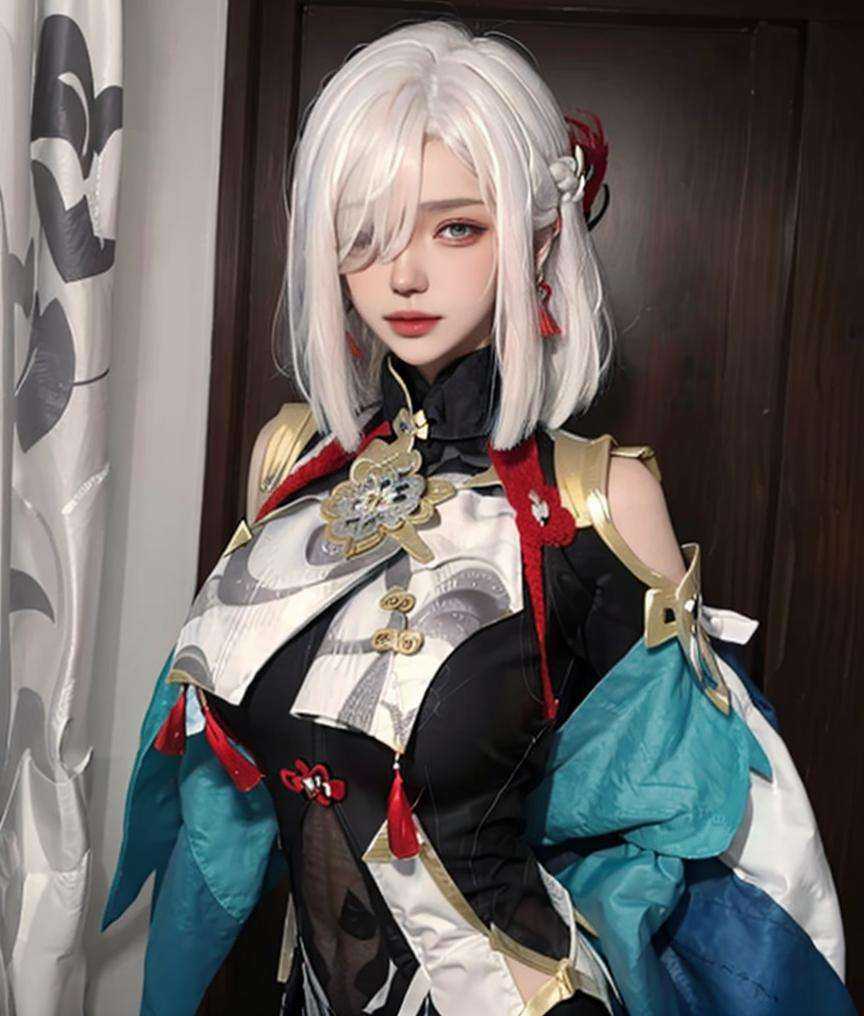 (masterpiece, best quality:1.4),finely detailed,1girl,solo,pale skin,perfect body,glossy skin,killer,shenhe \(genshin impact\),(hair over one eye),long hair,tassel,gloves,breast curtain,(black bodysuit),bodysuit,tassel earrings,(close-up photo:1.1),(supergiant breasts:1.3),(arms behind back),white hair,(hair decoration),<lora:原神申鹤killer -000008:0.8>,<lora:修女cos服v1.0:0.8:1,0,0,0,0,0,0,0,1,1,1,0,0,0,0,0,0 >,