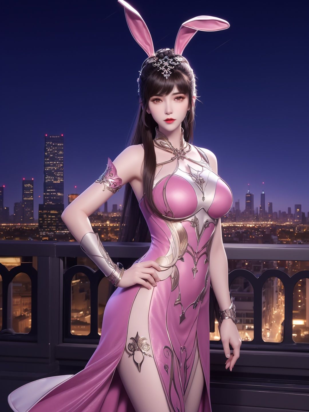 DLDLxiaowu, 1girl,solo, rabbit ears, pink dress, long hair, brown hair, hair ornament, ponytail, metal collar,wrist cuffs,looking at viewer,<lora:DLDLxiaowu:0.75>,mature female, cityscape, night, hand on hip,cowboy shot, 