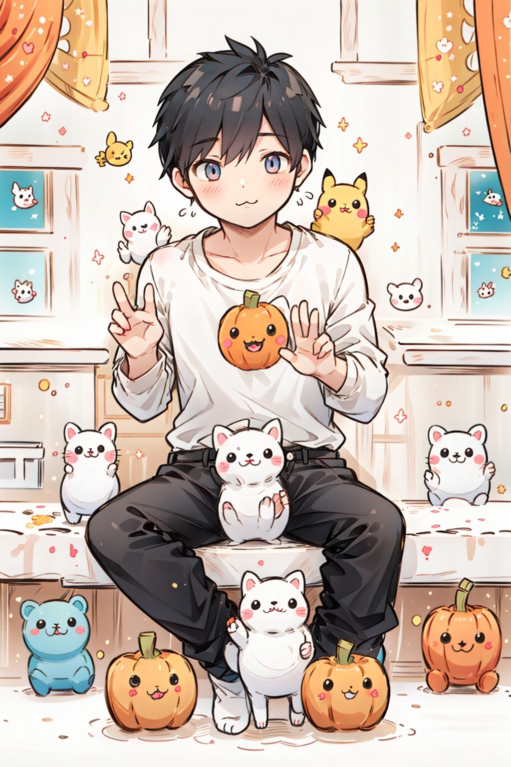 chick,too_many,stuffed_toy,stuffed_animal,stuffed_cat,:3,dog,hamster,teddy_bear,cat,ghost,bird,pokemon_\(creature\),kero,pumpkin,pikachu,jack-o'-lantern,bear