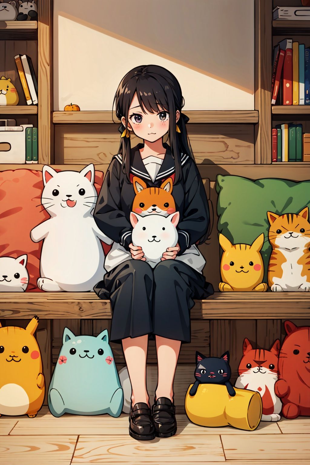 chick,too_many,stuffed_toy,stuffed_animal,stuffed_cat,:3,dog,hamster,teddy_bear,cat,ghost,bird,pokemon_\(creature\),kero,pumpkin,pikachu,jack-o'-lantern,bear,Kamado_Nezuko,WZRYbuzhihuowuYP,sailor moon,1girl,女帝,One piece