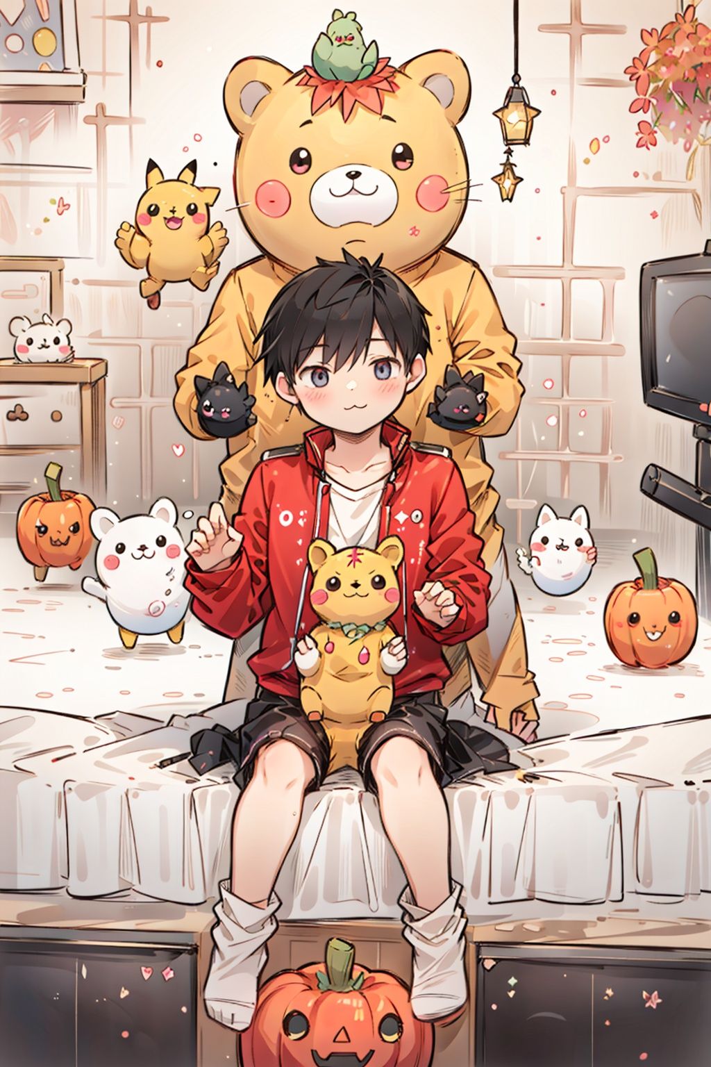 chick,too_many,stuffed_toy,stuffed_animal,stuffed_cat,:3,dog,hamster,teddy_bear,cat,ghost,bird,pokemon_\(creature\),kero,pumpkin,pikachu,jack-o'-lantern,bear