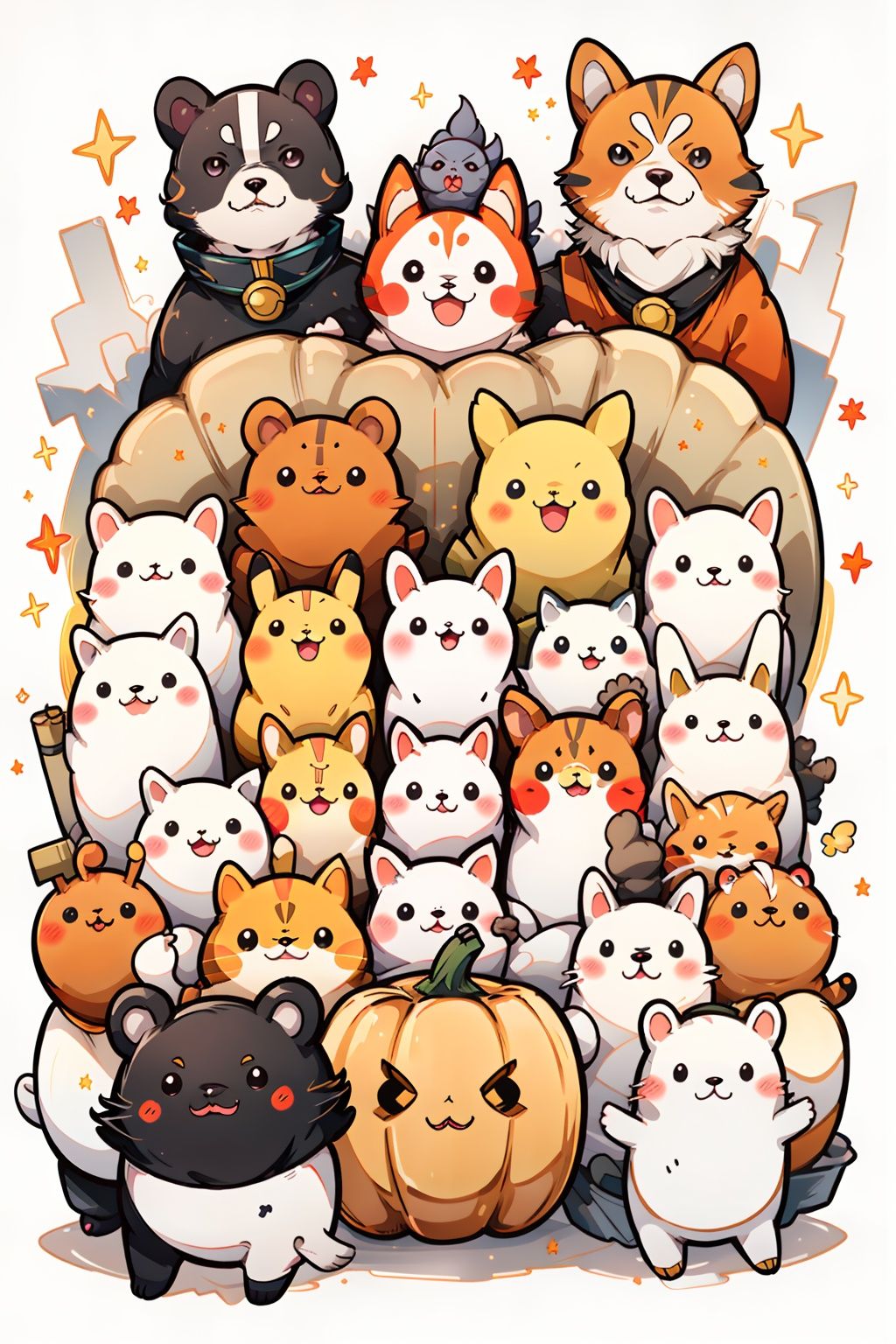 chick,too_many,stuffed_toy,stuffed_animal,stuffed_cat,:3,dog,hamster,teddy_bear,cat,ghost,bird,pokemon_\(creature\),kero,pumpkin,pikachu,jack-o'-lantern,bear,Kamado_Nezuko,WZRYbuzhihuowuYP