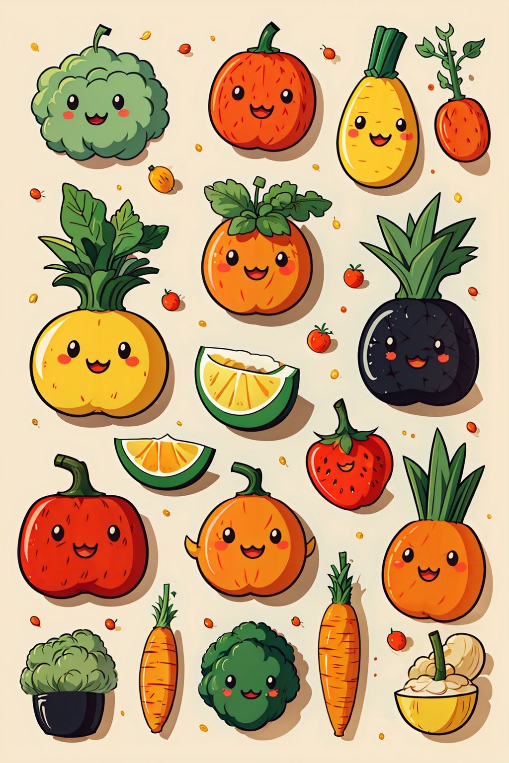 leaf,plant,potted_plant,palm_tree,tanabata,bamboo,orange_\(fruit\),tanzaku,fruit,chick,gradient,gradient_background,bird,tulip,kagami_mochi,orange_background,tomato,food,vegetable,fruit_on_head,palm_leaf,carrot,spring_onion,no_humans,pumpkin,flower_pot,branch,yellow_background,holding_vegetable,onion