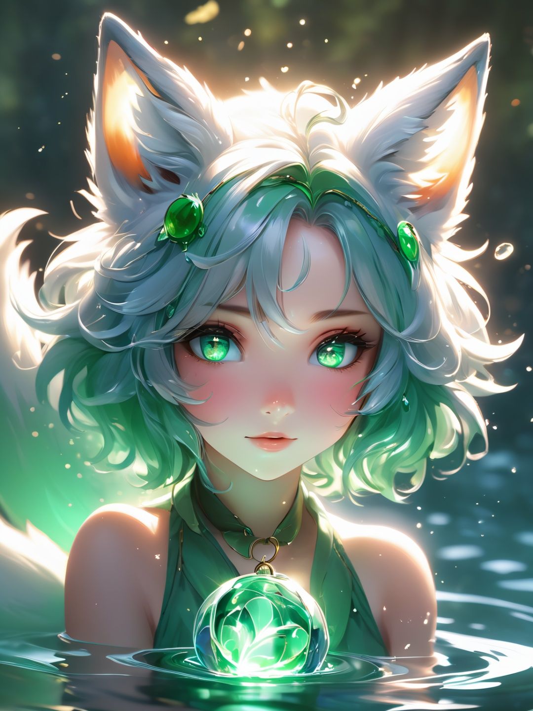 (cute water foxy), grey and white tones, (masterpiece, best quality, ultra-detailed, best shadow), (detailed background, high fantasy), (beautiful detailed face), high contrast, (best illumination, an extremely delicate and beautiful), ((cinematic light)), colorful, hyper detail, dramatic light, intricate details, (2girl, pair, blue and green hair, sharp face, amber eyes, hair between eyes,dynamic angle), blood splatter, swirling green light around the character, depth of field, light particles,(broken glass),magic circle, (full body), Spirit Fox Pendant,Beautiful Eyes,the whole body, <lora:EMS-20516-EMS:0.5>, <lora:EMS-20443-EMS:0.8>