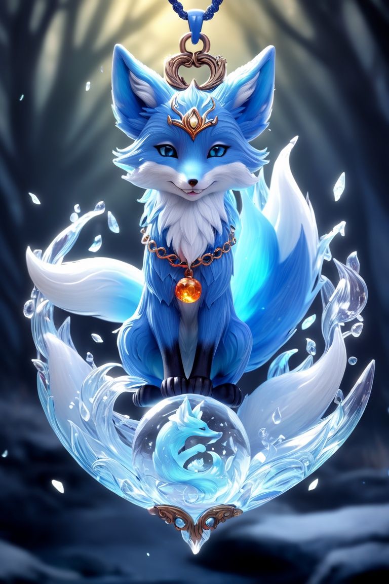 (Cute water fox, burning texture, burning crown), blue (masterpiece, best quality, super detail, best shadow), (detailed background, fantasy), princess cloth, (beautiful detailed face), high contrast, (1 girl, 20 years old, solo, blue hair, pointed face, amber eyes, hair between eyes, dynamic angle), blood splashing, black light rotating around the character, depth of field, light particles, (Broken Glass), Magic Circle, (Full Body), Elf Fox Pendant,
