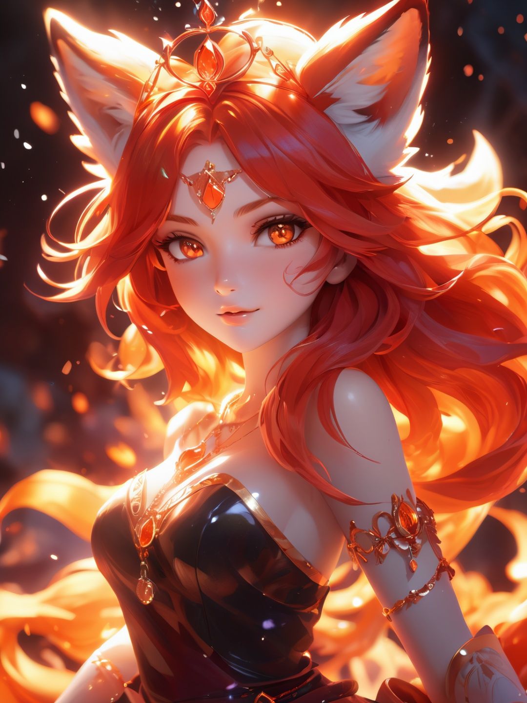 (cute flame foxy, flaming veins, flaming crown), red and orange tones, (masterpiece, best quality, ultra-detailed, best shadow), (detailed background, fantasy), princess cloth, (beautiful detailed face), high contrast, (best illumination, an extremely delicate and beautiful), ((cinematic light)), colorful, hyper detail, dramatic light, intricate details, (1girl, 20 year old, solo, red hair, sharp face, amber eyes, hair between eyes,dynamic angle), blood splatter, swirling black light around the character, depth of field, light particles,(broken glass),magic circle, (full body), Spirit Fox Pendant, <lora:EMS-20516-EMS:0.5>, <lora:EMS-20443-EMS:0.8>
